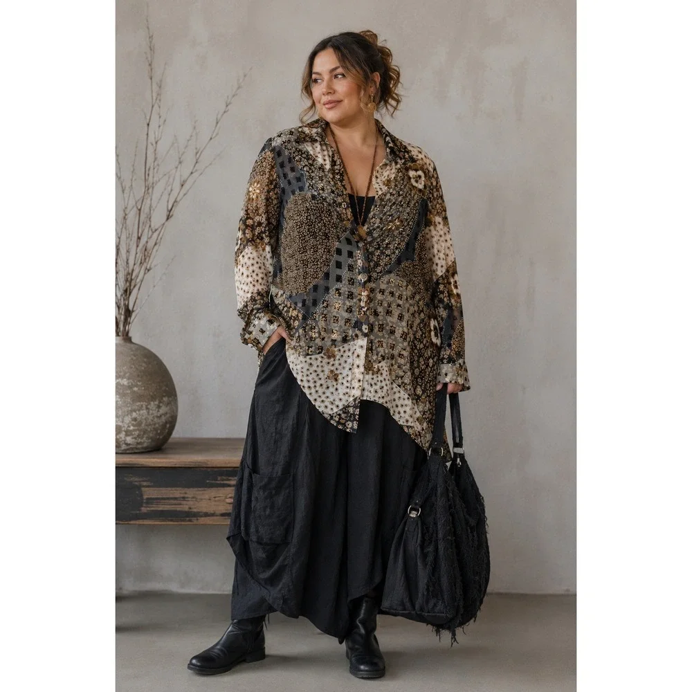 Sheer Patchwork Animal Floral Print Tunic Top 14/16 90s Y2K Glam Artsy Lagenlook